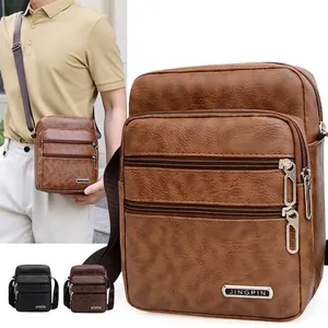 Men Shoulder Bag PU Leather Multi Pocket Large Capacity Business Casual Crossbody Bag Adjustable Strap Travel Messenger