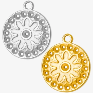 Detailed view of 304 stainless steel circular hollow flower pendants in gold and silver