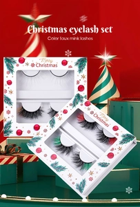 Detail view of Christmas colored faux mink lashes in festive red and green themed packaging