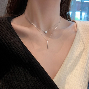 Double-layer sterling silver necklace with zircon circle and vertical bar pendants