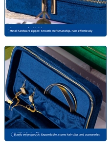Detail view of smooth metal zipper and inner elastic pocket of blue velvet jewelry box