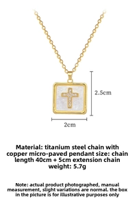 Detailed view of a gold square cross pendant necklace with zircon inlay and 40+5cm chain