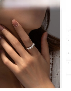 Detailed view of S925 silver flower ring with zircon inlays worn on a model finger