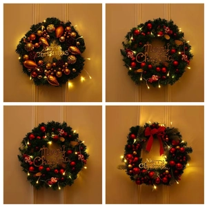 Christmas Wreath Artificial Pine Needle Warm LED Lights Decorative Ball Bow Pine Cone Festival Wall Hanging Decor