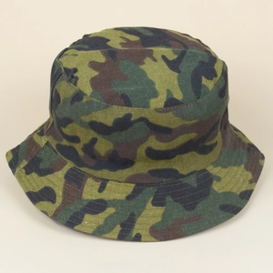 Detail of military green camouflage bucket hat showing durable canvas stitching and camo pattern
