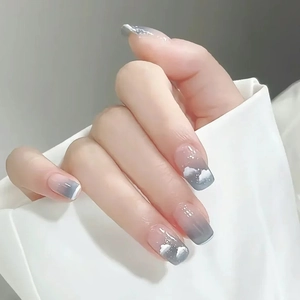 Dreamy Pink Purple Gradient Press On Nails With White Cloud Pattern And Glitter Squoval Shape Glossy False Nails