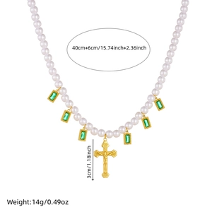 Gold-plated stainless steel pearl necklace with cross and green gemstone pendants