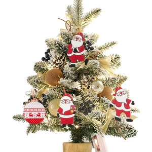 Christmas tree wooden ornaments featuring Santa Claus and deer patterns with snow lighting