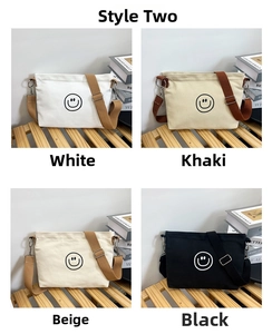 Canvas crossbody bags in four colors with smiley faces and adjustable straps