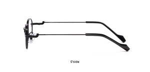 Side view of matte black round frame sunglasses with minimalist slim temple design