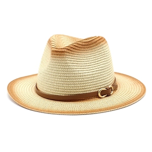 Straw fedora hat with brown spray-paint finish and leather band for outdoor travel