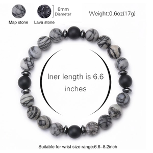 8mm natural map stone and black lava stone bead bracelet for men and women