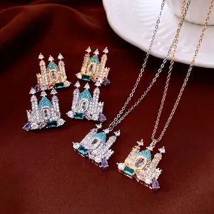 Luxury Castle Shape Necklace Earrings Jewelry Copper Gold Plated Colorful Cubic Zirconia With Silver Earring Post