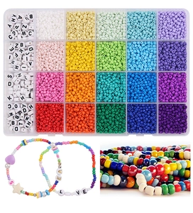 Macro view of a 24-compartment storage box filled with colorful DIY glass seed and letter beads