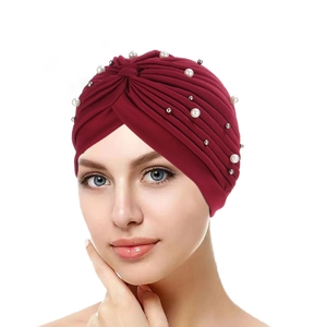 Women Pleated Turban Hat Artificial Pearl Bead Decorated Elastic Headscarf Muslim Ruched Beanie Indian Style Head Wrap
