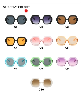 Detailed grid showing ten selective color variants of oversized hexagonal sunglasses