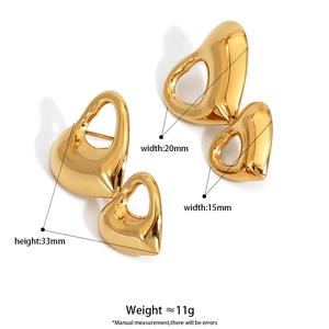 Polished gold 316L stainless steel double heart drop earrings with measurements