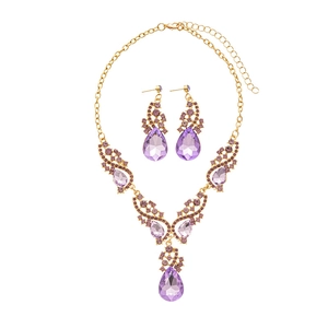 Elegant gold-plated jewelry set with water-drop purple crystals including necklace and earrings