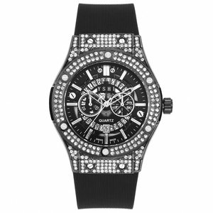 Front view of black women's quartz watch with sparkling rhinestones and rubber strap
