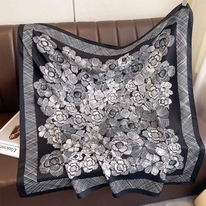 Floral print silk-texture square scarf with black and white grid borders for women