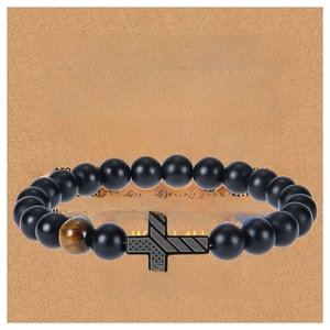 Men's beaded bracelet with matte stones, tiger eye beads, and a flag cross on a gift card