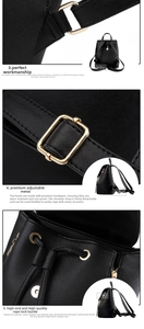 Detail of black faux leather backpack featuring golden hardware and drawstring closure