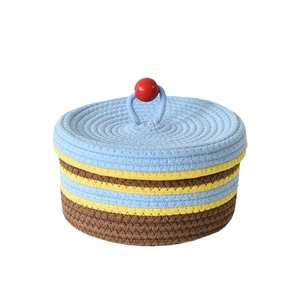 Handwoven cotton rope storage basket with lid and striped design for home organization