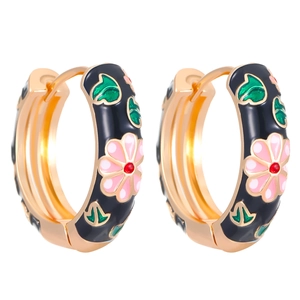 Vintage Chinese style gold hoop earrings with black enamel and pink floral pattern