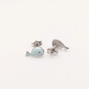 Detailed view of S925 silver blue whale stud earrings with enamel finish and silver post