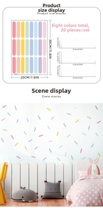 Detail of colorful macaron wall stickers with size dimensions and kids room display