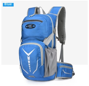 Close-up of blue cycling backpack with reflective geometric lines and mesh side pocket