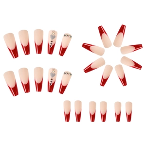 Long coffin red French tip press-on nails with silver heart rhinestone accents