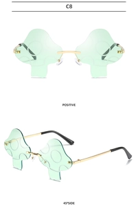 Front and 45-degree side views of rimless green mushroom sunglasses with gold metal frames