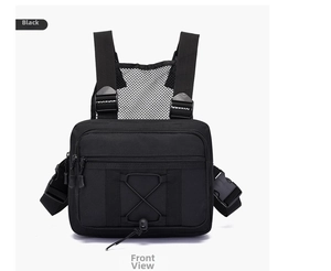 Front view of black tactical chest bag showing durable nylon material and adjustable straps