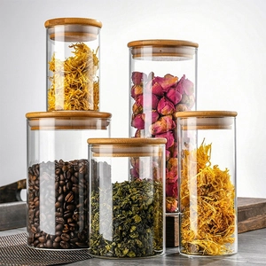 Set of 5 clear glass storage jars with airtight bamboo lids for kitchen food organization