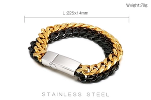 Detail of bicolor gold and black stainless steel Cuban link bracelet with a silver clasp