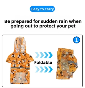 Detail of a foldable orange waterproof dog raincoat featuring bee patterns and reflective strips