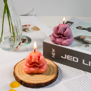 Detailed close-up of cute hamster scented candles in pink and purple on wooden stand