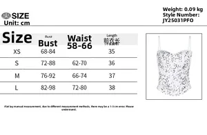 Size chart for women's slim fit floral top showing measurements in cm for sizes XS to L