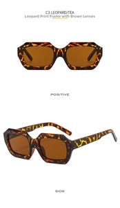 Detailed front and side views of leopard print rectangular sunglasses with tea lenses