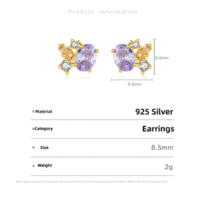 Detailed size specifications for 925 silver stud earrings featuring zircon accents