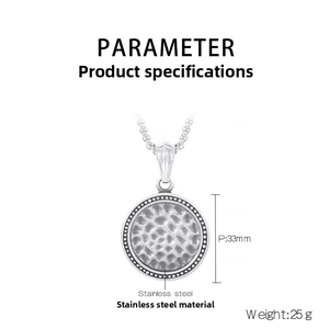 Detail view of 33mm hammered stainless steel round pendant with technical specifications