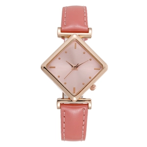 Elegant women's quartz watch with pink leather strap and diamond-shaped rose gold case
