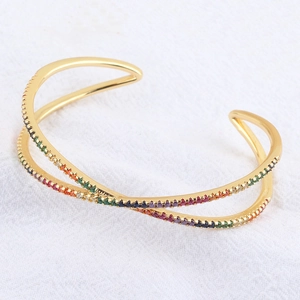 Rainbow Cubic Zirconia Open Bangle Bracelet And Ring Brass Cross X Geometric Colorful Adjustable Jewelry For Women