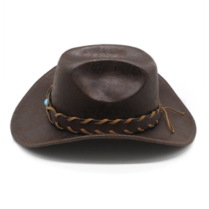 Dark brown western cowboy hat with textured finish, woven leather band and turquoise bead