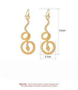 Detailed size specifications for gold snake dangle earrings with scale texture engraving