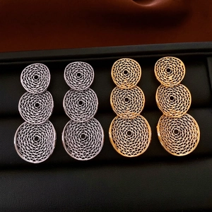 Elegant gold and silver triple tiered circular textured dangle earrings for women