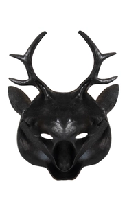 Detail of matte black deer mask featuring branched antlers and elastic strap for cosplay