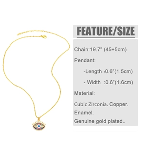 Detailed technical diagram of Evil Eye pendant necklace with size dimensions and gold finish