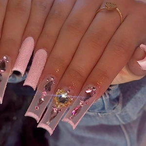 Press On Nails Long Coffin Pink French Heart Rhinestones Glitter ABS Acrylic Y2K Style Women Valentine Day Decor